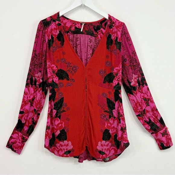 Free People Mikayla Red Pink Floral Hook Closure Blouse  in Scarlett Combo - Picture 6 of 16